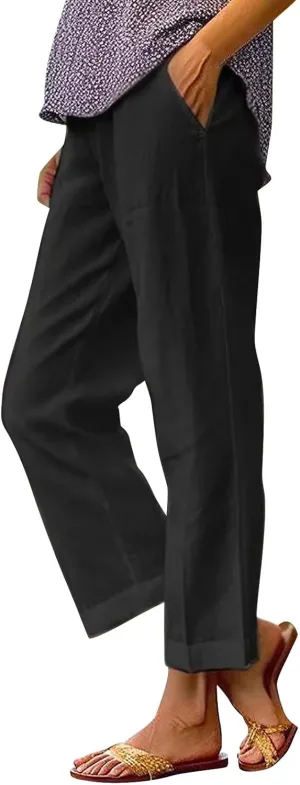 Casual Linen Pants for Women 2025 Solid Straight Elastic Pants Long Drawstring Linen Waist Cotton Casual Trousers
