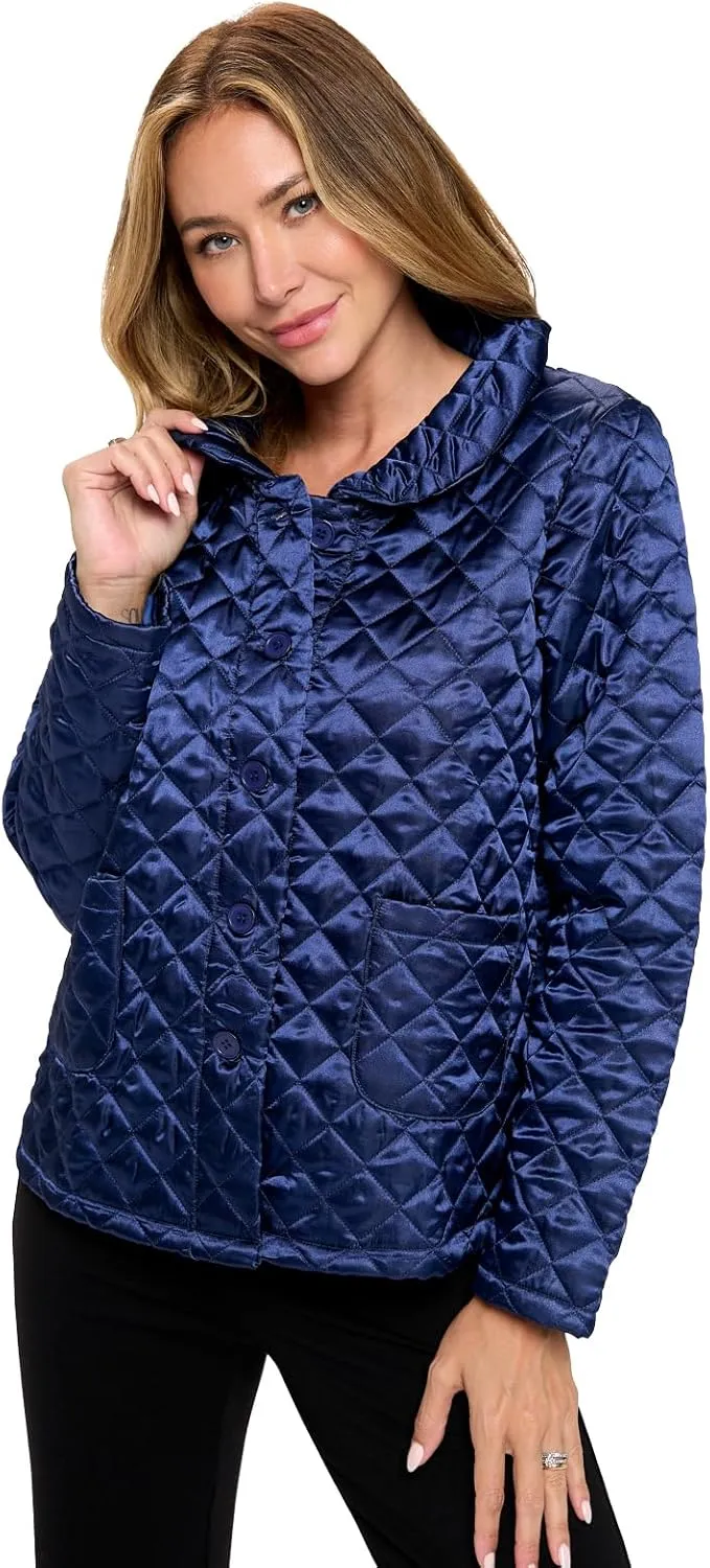 Casual Nights Quilted Bed Jackets for Women, Satin-Look Button Front Sleep Jacket Top with Pockets