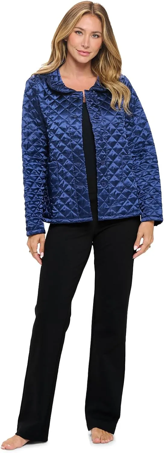 Casual Nights Quilted Bed Jackets for Women, Satin-Look Button Front Sleep Jacket Top with Pockets