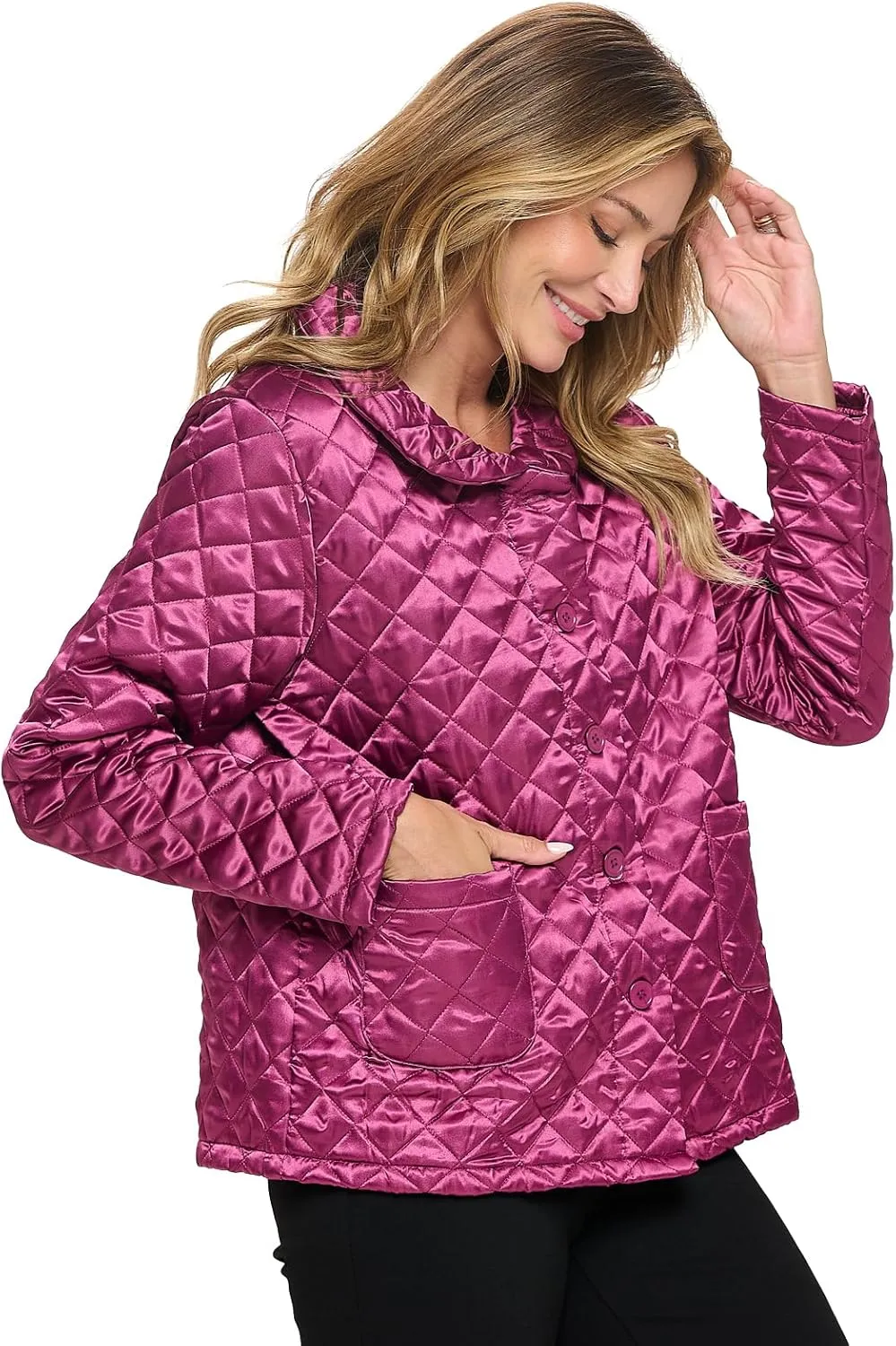 Casual Nights Quilted Bed Jackets for Women, Satin-Look Button Front Sleep Jacket Top with Pockets