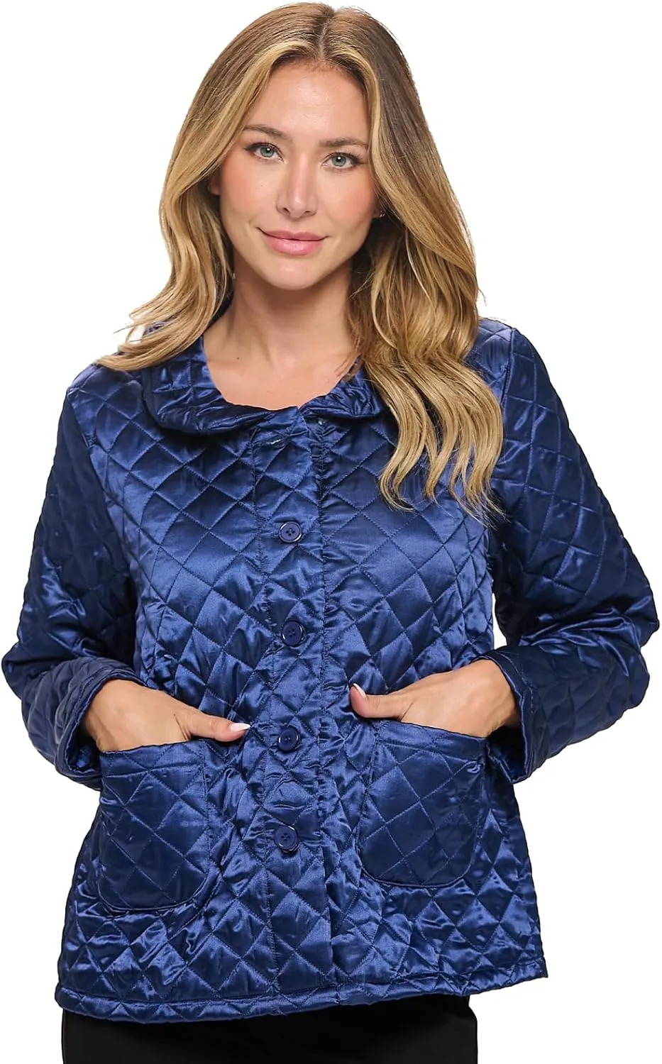 Casual Nights Quilted Bed Jackets for Women, Satin-Look Button Front Sleep Jacket Top with Pockets