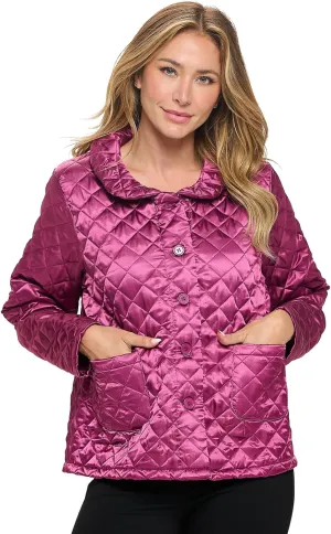 Casual Nights Quilted Bed Jackets for Women, Satin-Look Button Front Sleep Jacket Top with Pockets