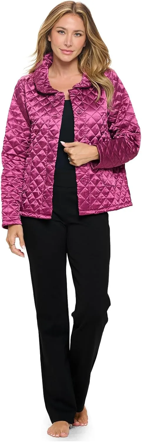 Casual Nights Quilted Bed Jackets for Women, Satin-Look Button Front Sleep Jacket Top with Pockets
