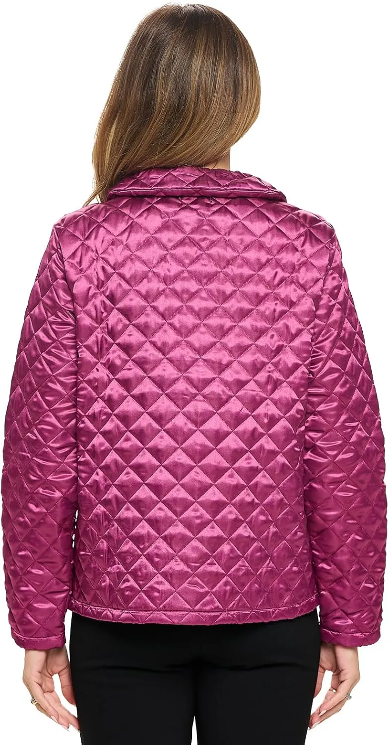 Casual Nights Quilted Bed Jackets for Women, Satin-Look Button Front Sleep Jacket Top with Pockets