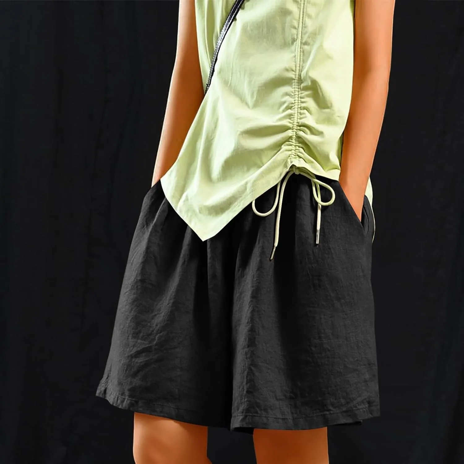 Casual Shorts for Women Dressy Drawstring High Waist Wide Leg 2025 Summer Beach Ruffle Solid Color Outfits with 2 Pockets