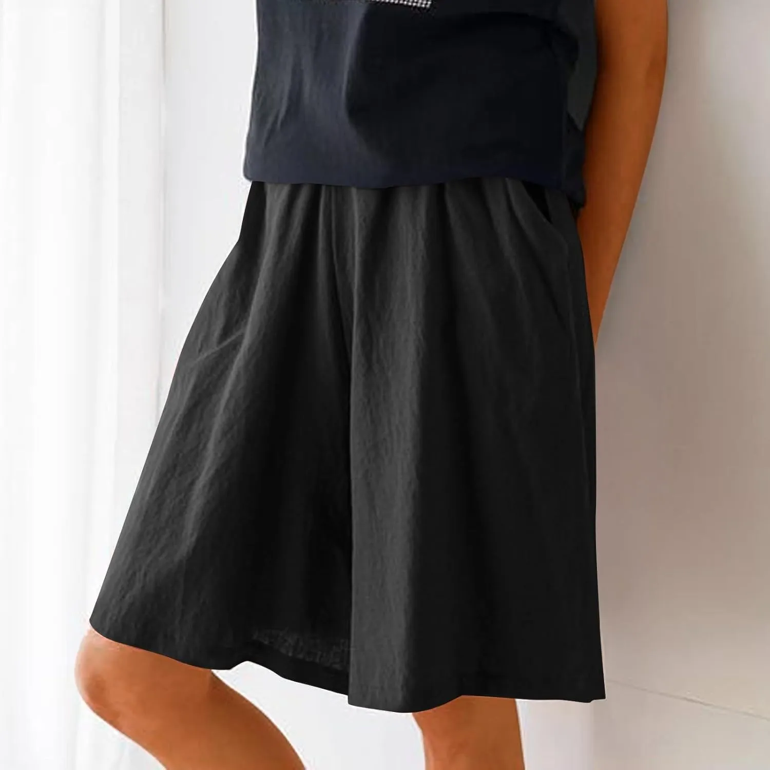 Casual Shorts for Women Dressy Drawstring High Waist Wide Leg 2025 Summer Beach Ruffle Solid Color Outfits with 2 Pockets