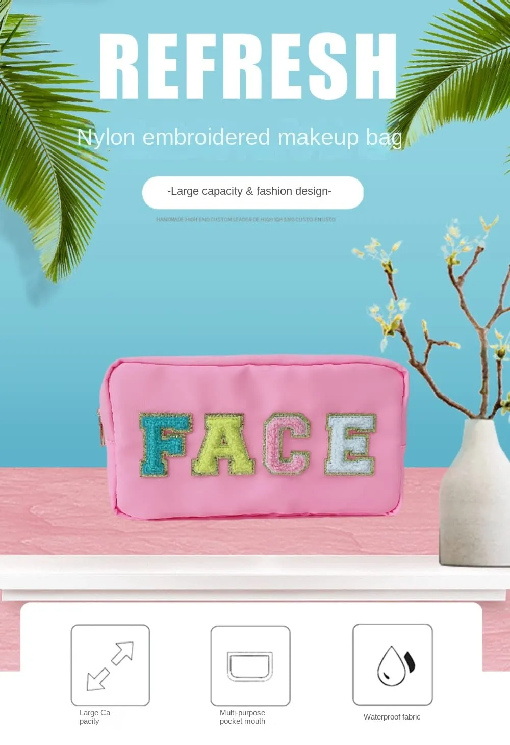 Chenille Letter Toiletry Bag for Women Hanging Toiletry Bag Water Resistant Cosmetic Makeup Bag Travel Organizer (Emerald (excluding embroidery))