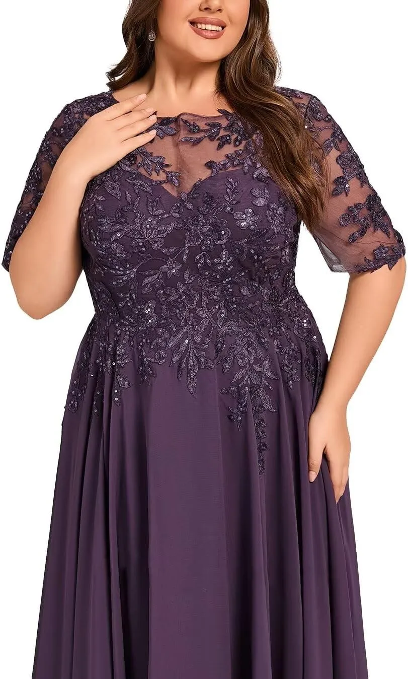 Chiffon Half Sleeves Mother of The Bride Dress for Women Lace Appliques Ankle Length Formal Prom Evening Gowns