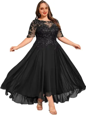 Chiffon Half Sleeves Mother of The Bride Dress for Women Lace Appliques Ankle Length Formal Prom Evening Gowns