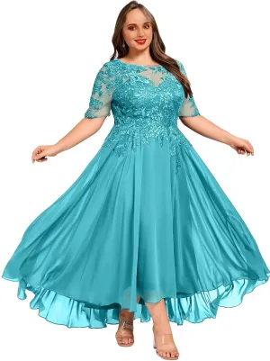 Chiffon Half Sleeves Mother of The Bride Dress for Women Lace Appliques Ankle Length Formal Prom Evening Gowns