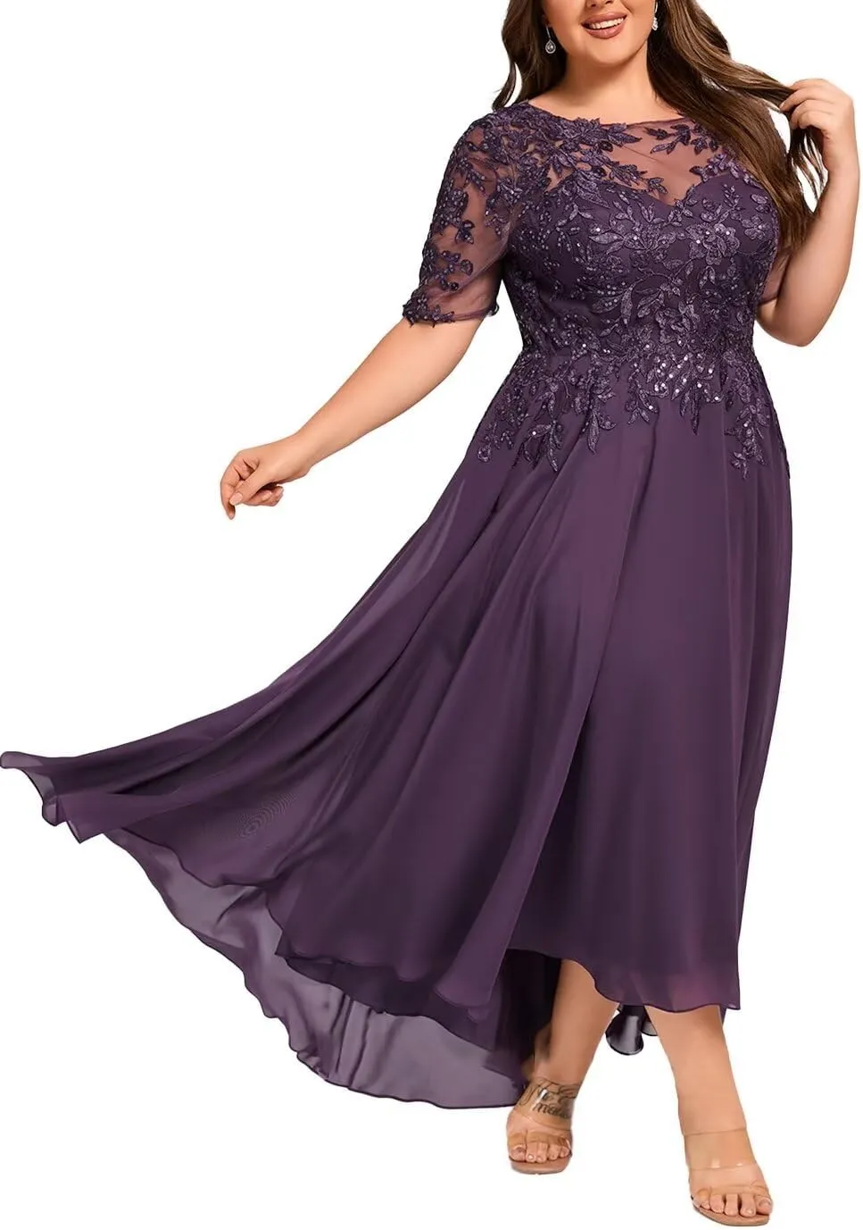 Chiffon Half Sleeves Mother of The Bride Dress for Women Lace Appliques Ankle Length Formal Prom Evening Gowns