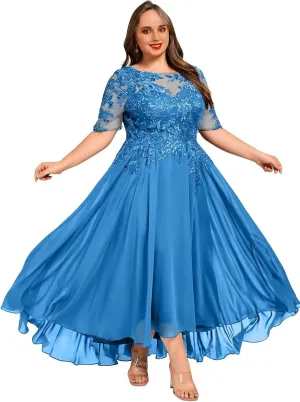 Chiffon Half Sleeves Mother of The Bride Dress for Women Lace Appliques Ankle Length Formal Prom Evening Gowns