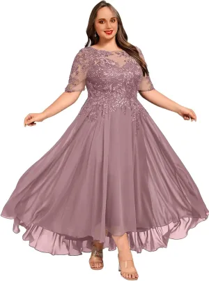 Chiffon Half Sleeves Mother of The Bride Dress for Women Lace Appliques Ankle Length Formal Prom Evening Gowns