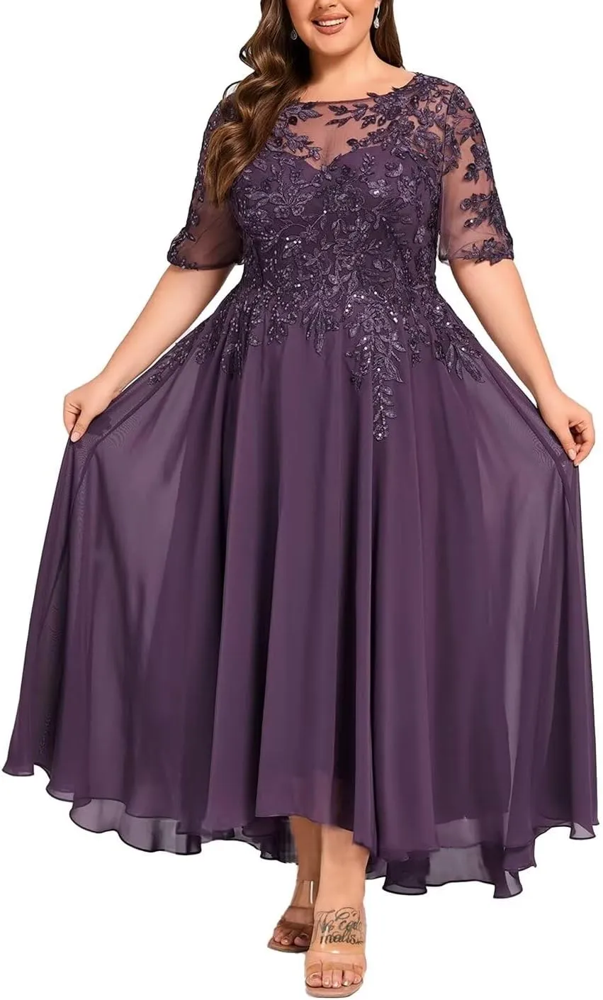 Chiffon Half Sleeves Mother of The Bride Dress for Women Lace Appliques Ankle Length Formal Prom Evening Gowns