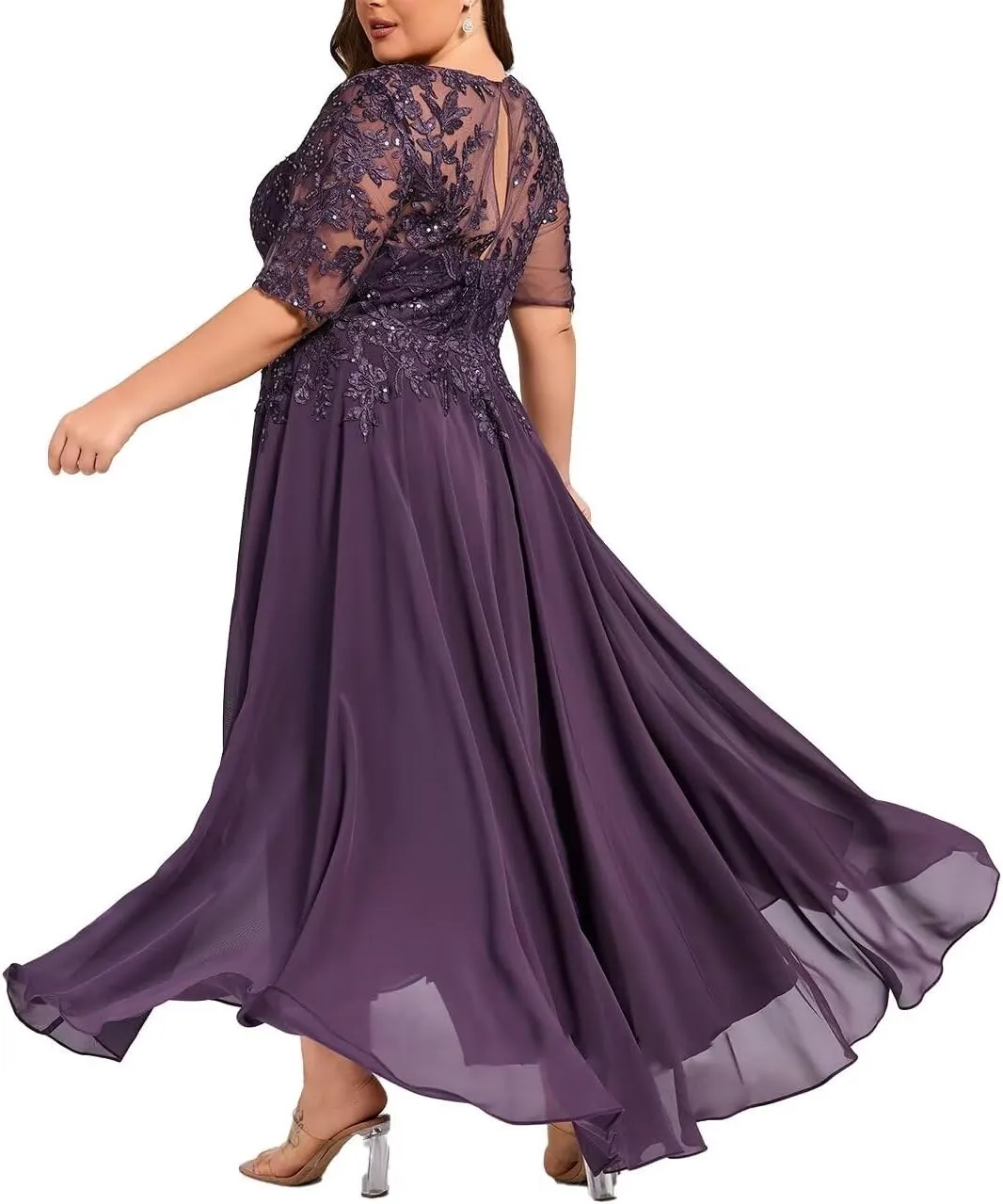Chiffon Half Sleeves Mother of The Bride Dress for Women Lace Appliques Ankle Length Formal Prom Evening Gowns