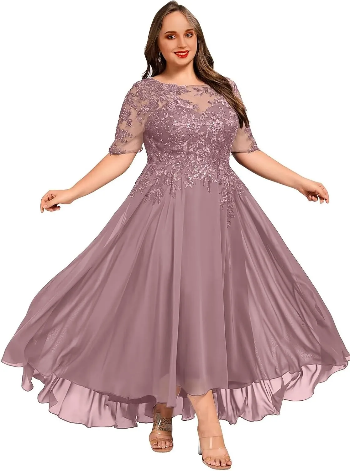 Chiffon Half Sleeves Mother of The Bride Dress for Women Lace Appliques Ankle Length Formal Prom Evening Gowns