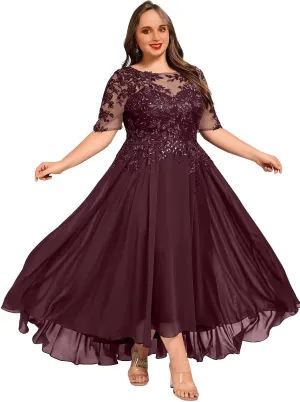 Chiffon Half Sleeves Mother of The Bride Dress for Women Lace Appliques Ankle Length Formal Prom Evening Gowns