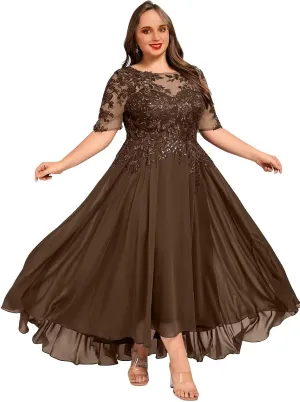Chiffon Half Sleeves Mother of The Bride Dress for Women Lace Appliques Ankle Length Formal Prom Evening Gowns