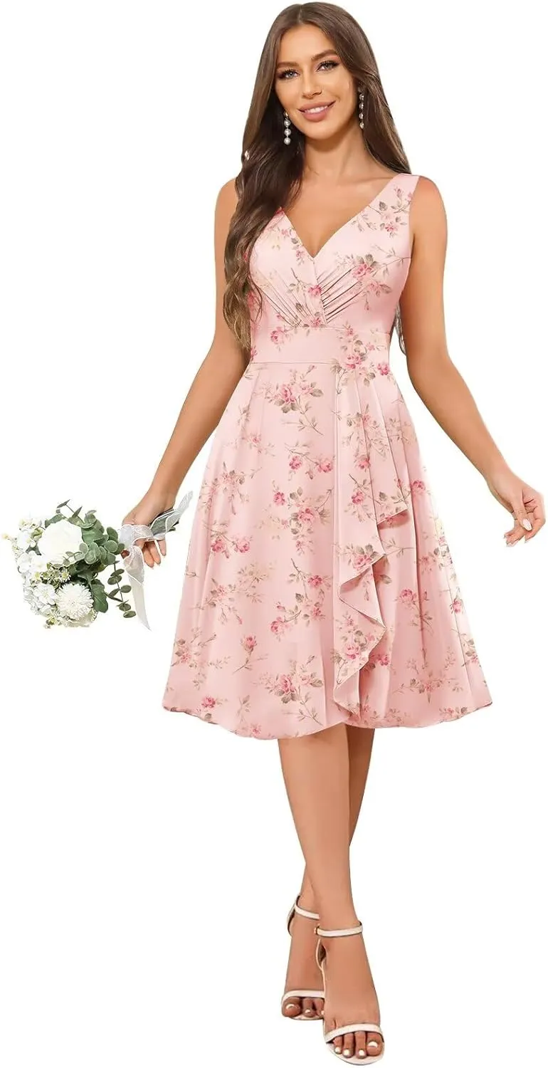 Chiffon Short Bridesmaid Dresses for Women V-Neck A-Line Ruffle Formal Dress Evening Gowns
