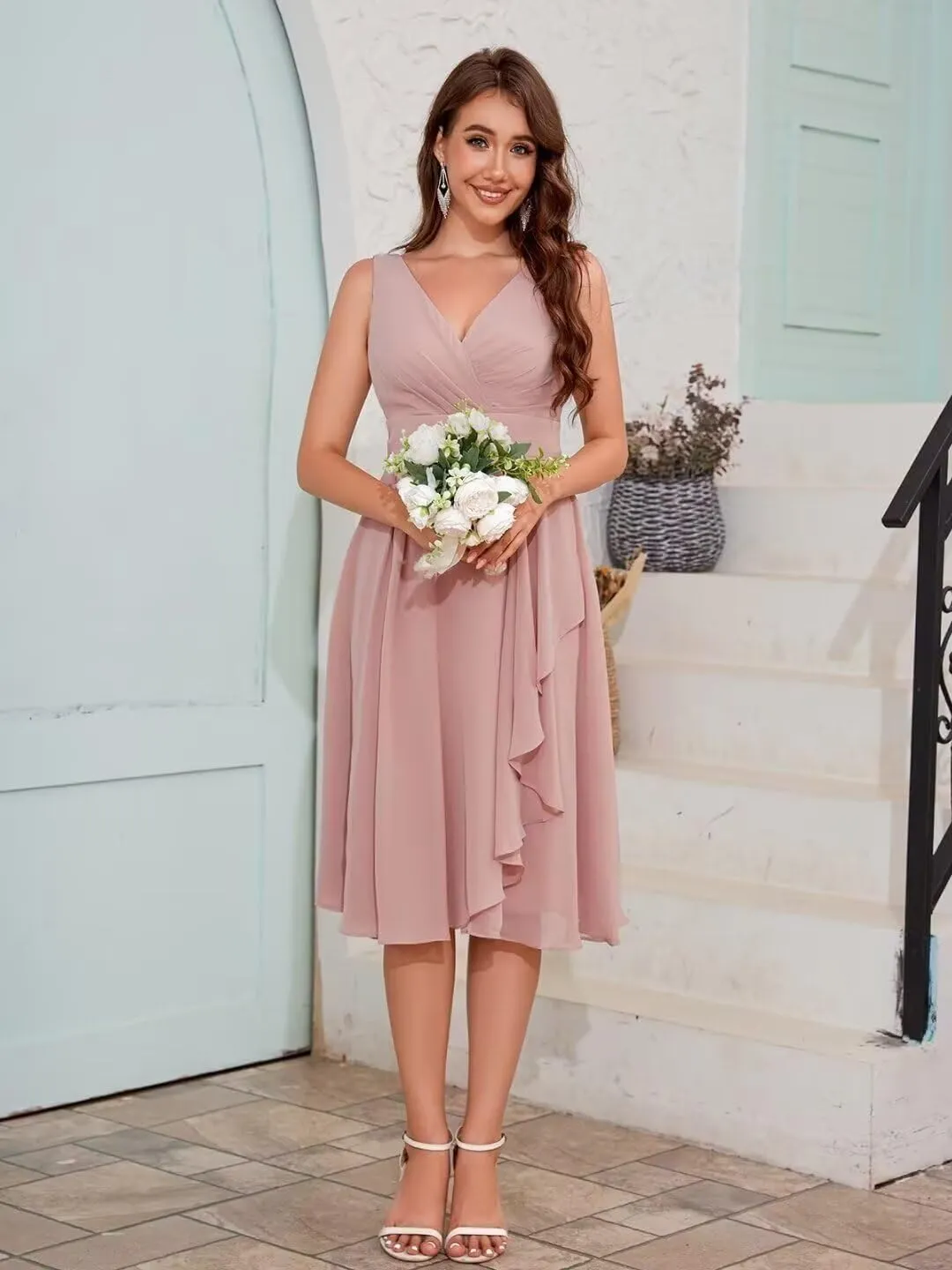 Chiffon Short Bridesmaid Dresses for Women V-Neck A-Line Ruffle Formal Dress Evening Gowns