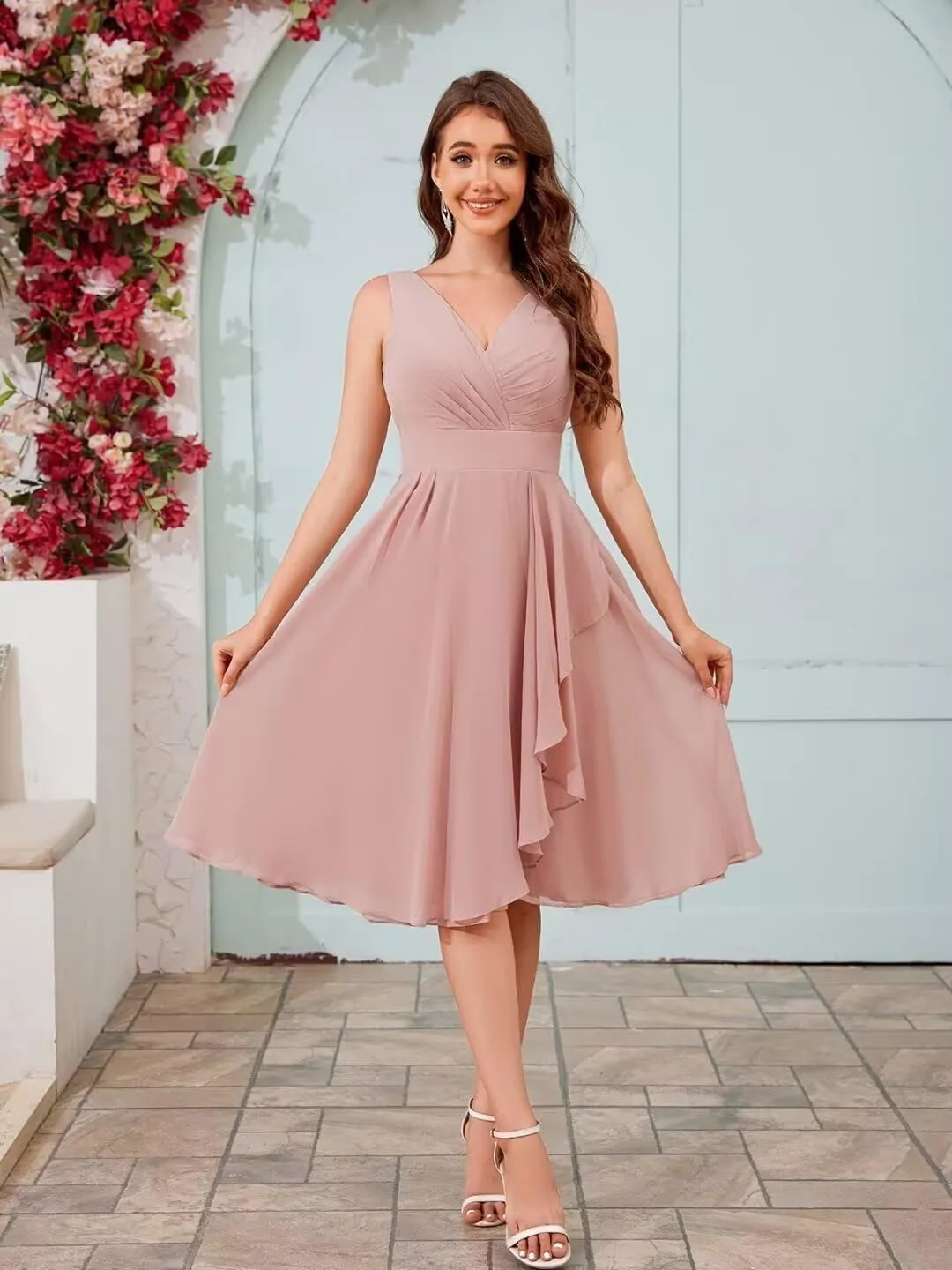 Chiffon Short Bridesmaid Dresses for Women V-Neck A-Line Ruffle Formal Dress Evening Gowns