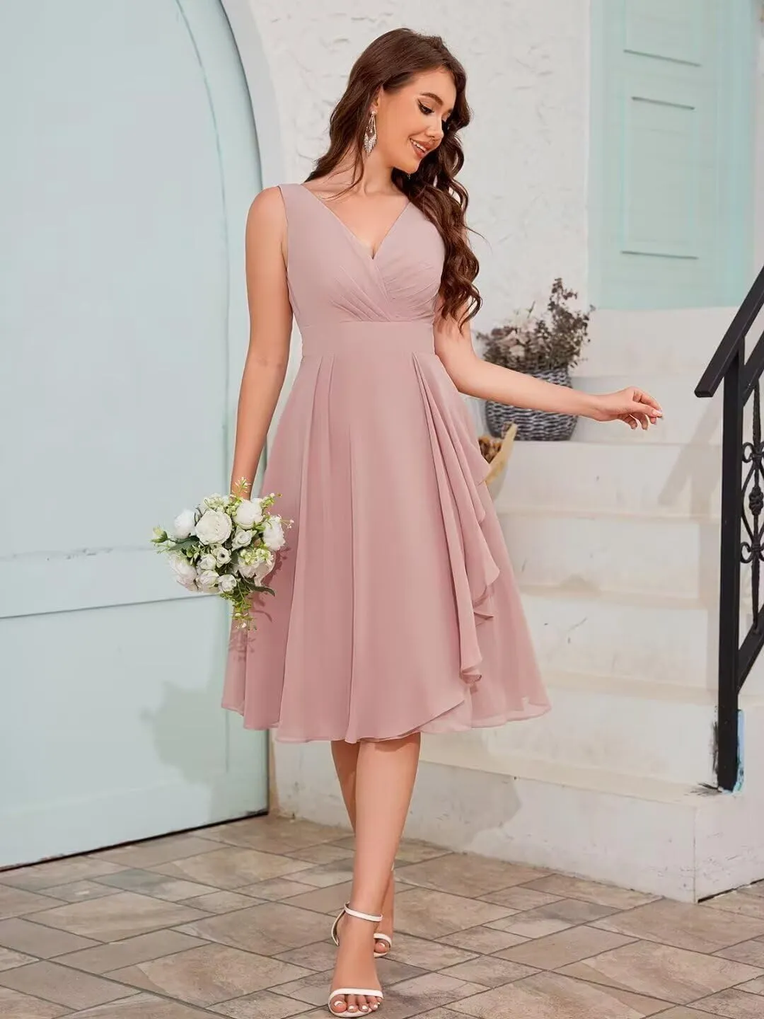 Chiffon Short Bridesmaid Dresses for Women V-Neck A-Line Ruffle Formal Dress Evening Gowns