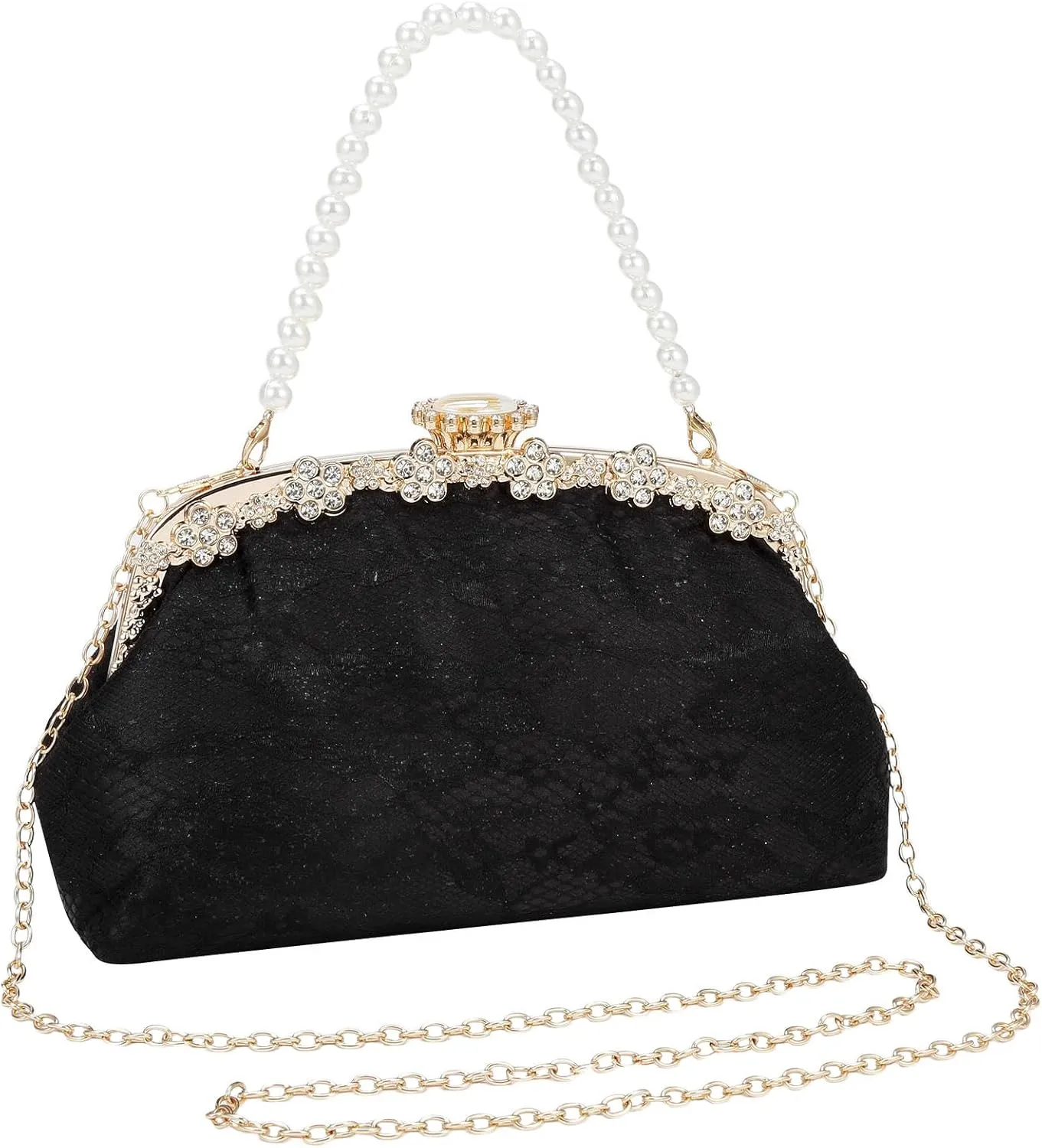 Clutch Purse for Women Lace Formal Evening Bag with Rhinestones for Wedding Prom Party Clutch Shoulder Cross Body Handbag
