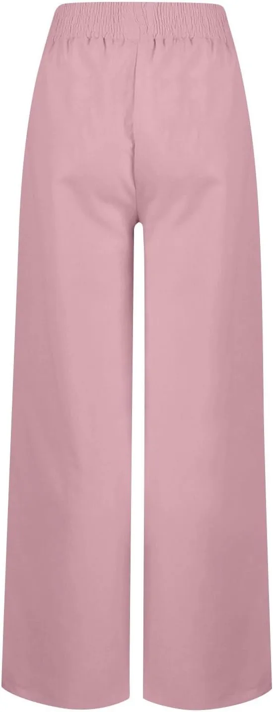 Cotton Linen Pants for Women Summer Elastic High Waist Pants Loose Wide Leg Button Long Trousers with Pockets