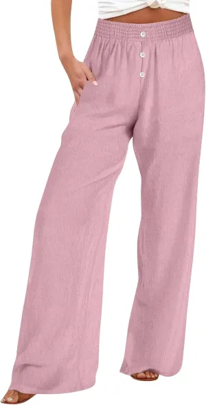 Cotton Linen Pants for Women Summer Elastic High Waist Pants Loose Wide Leg Button Long Trousers with Pockets