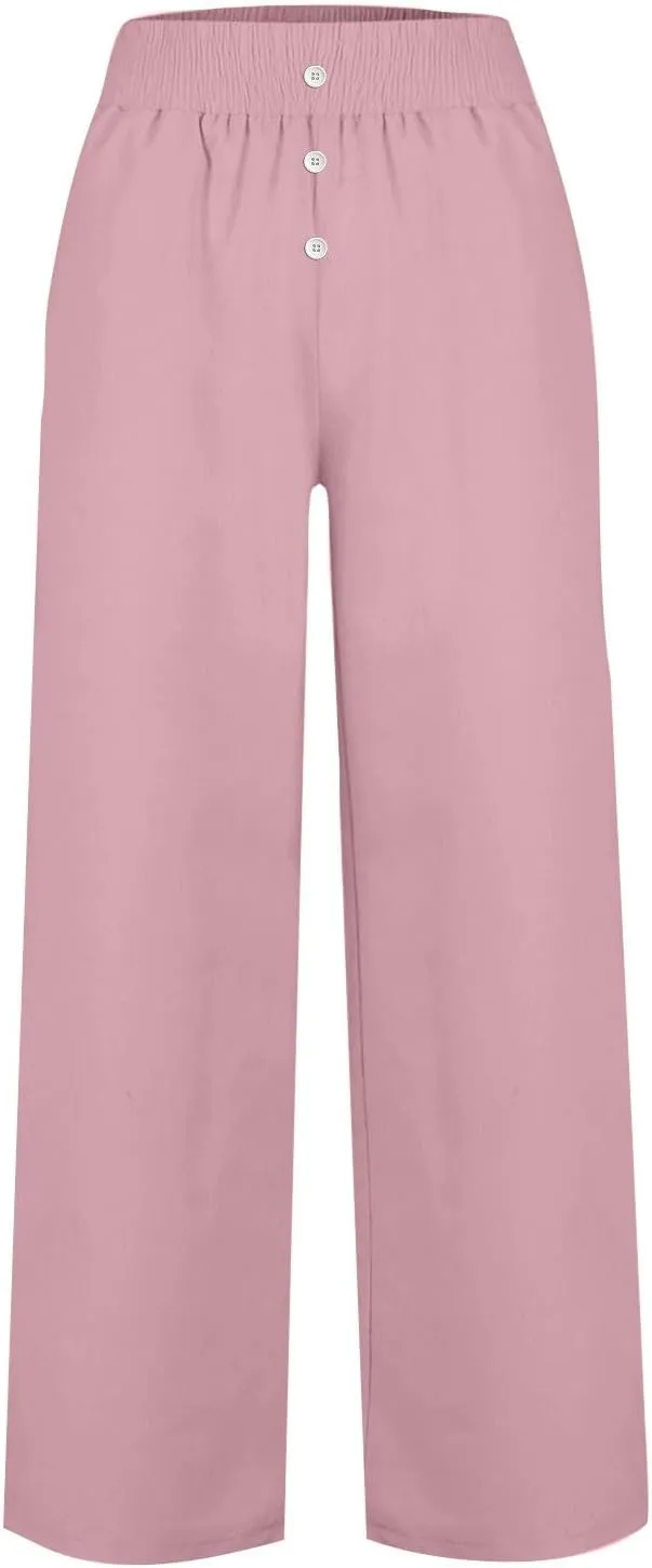 Cotton Linen Pants for Women Summer Elastic High Waist Pants Loose Wide Leg Button Long Trousers with Pockets