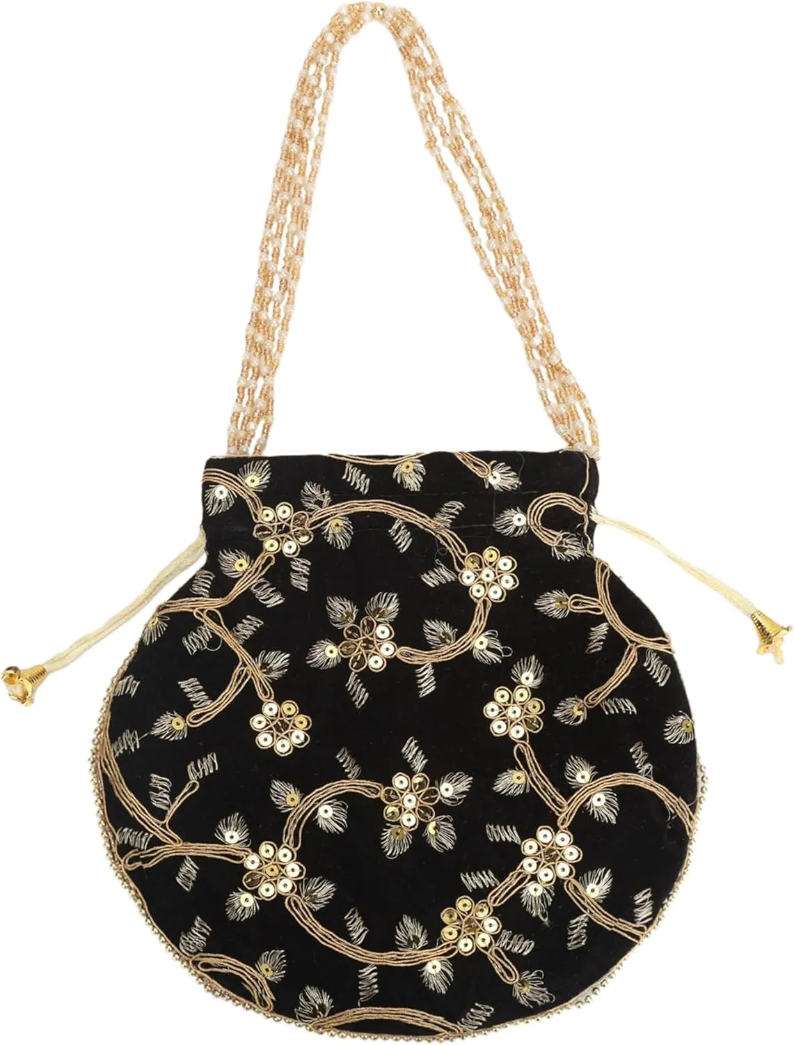 Craft Trade Women's Cotton Embroidered Potli Bag with Drawstring and Pearl Handle Pouch Golden Work Ladies Purse for Bridal