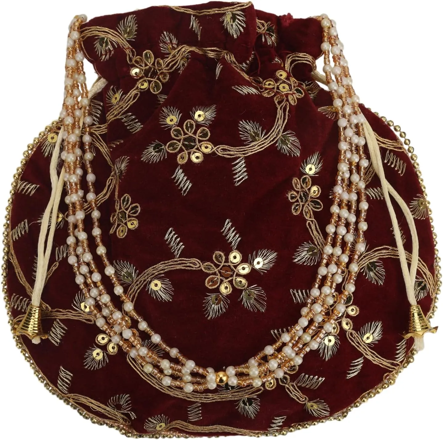 Craft Trade Women's Cotton Embroidered Potli Bag with Drawstring and Pearl Handle Pouch Golden Work Ladies Purse for Bridal