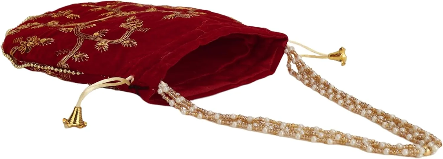 Craft Trade Women's Cotton Embroidered Potli Bag with Drawstring and Pearl Handle Pouch Golden Work Ladies Purse for Bridal