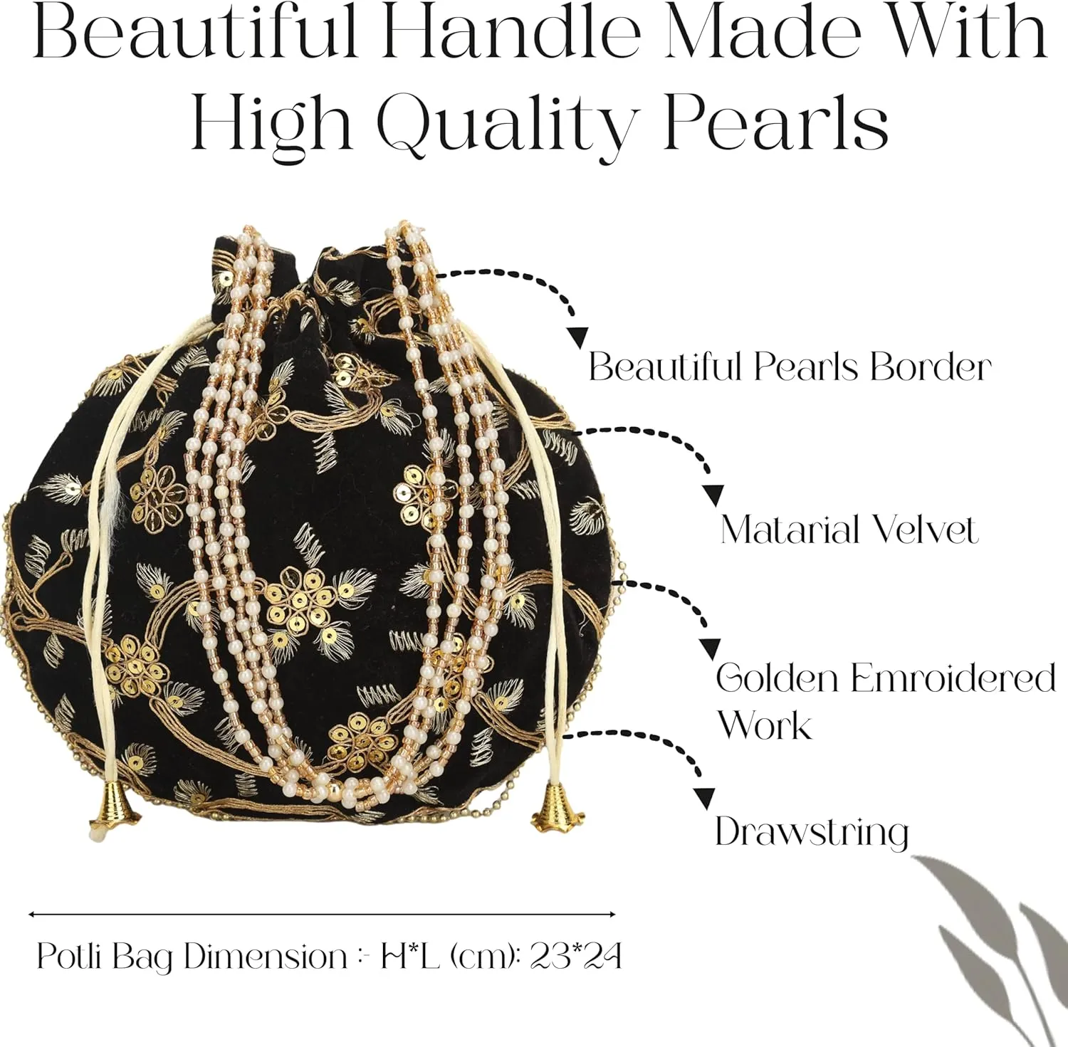 Craft Trade Women's Cotton Embroidered Potli Bag with Drawstring and Pearl Handle Pouch Golden Work Ladies Purse for Bridal