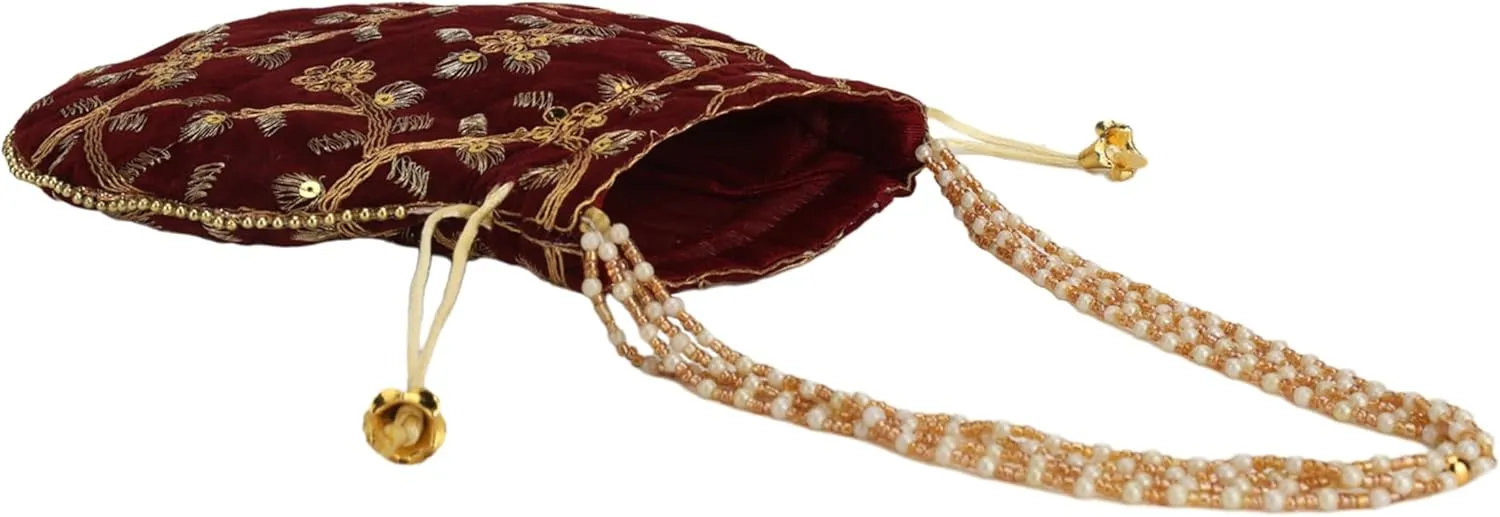 Craft Trade Women's Cotton Embroidered Potli Bag with Drawstring and Pearl Handle Pouch Golden Work Ladies Purse for Bridal