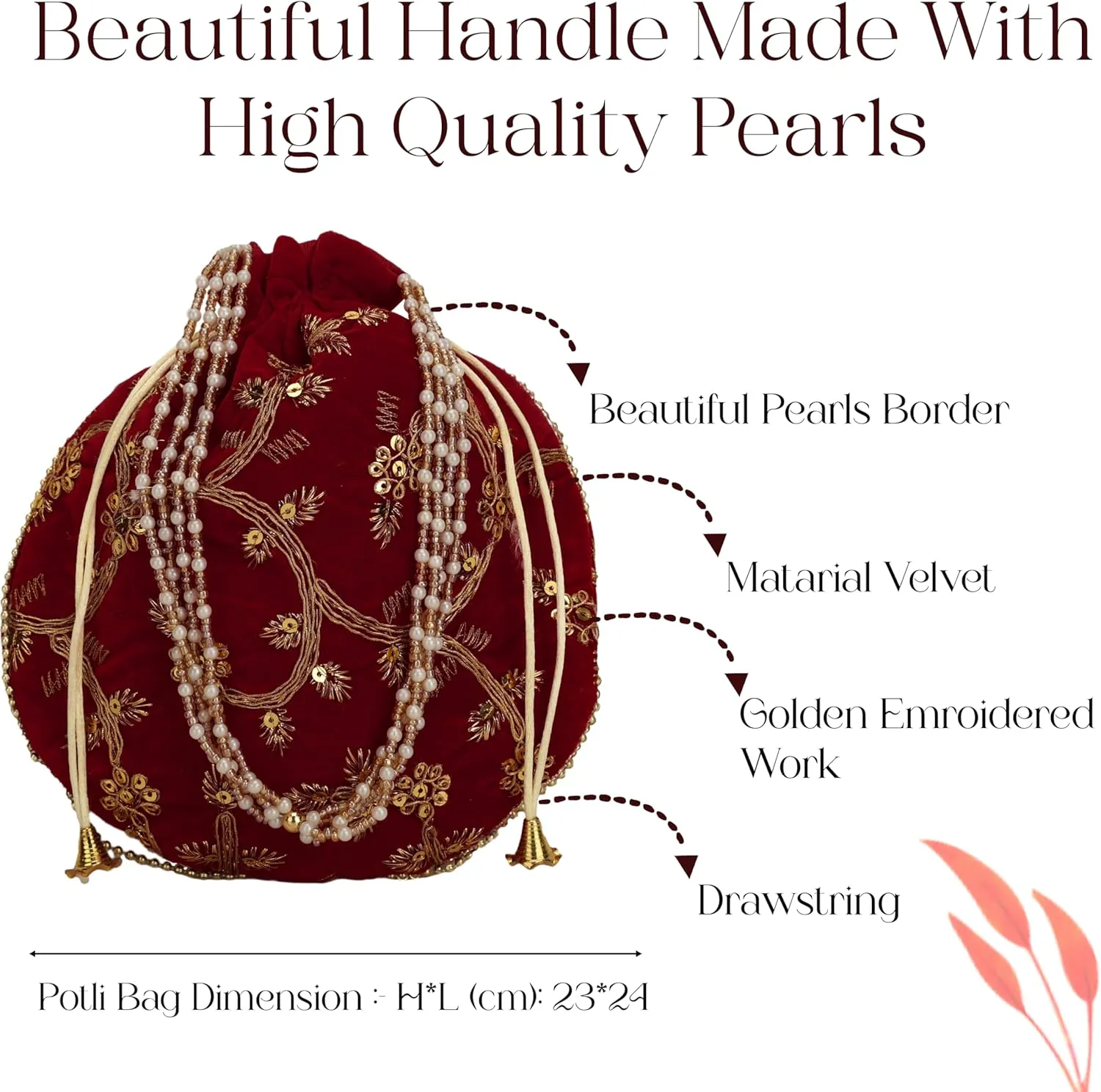 Craft Trade Women's Cotton Embroidered Potli Bag with Drawstring and Pearl Handle Pouch Golden Work Ladies Purse for Bridal