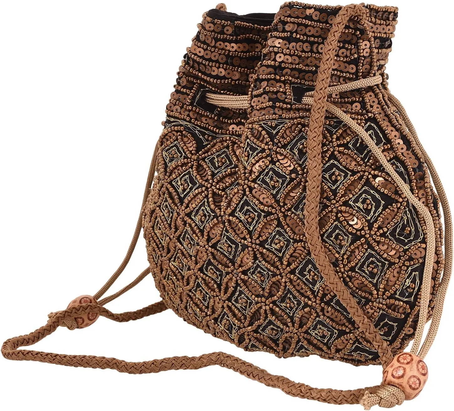 Craft Trade Women's Cotton Embroidered Potli Bag with Drawstring and Pearl Handle Pouch Golden Work Ladies Purse for Bridal