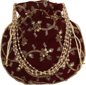 Craft Trade Women's Cotton Embroidered Potli Bag with Drawstring and Pearl Handle Pouch Golden Work Ladies Purse for Bridal