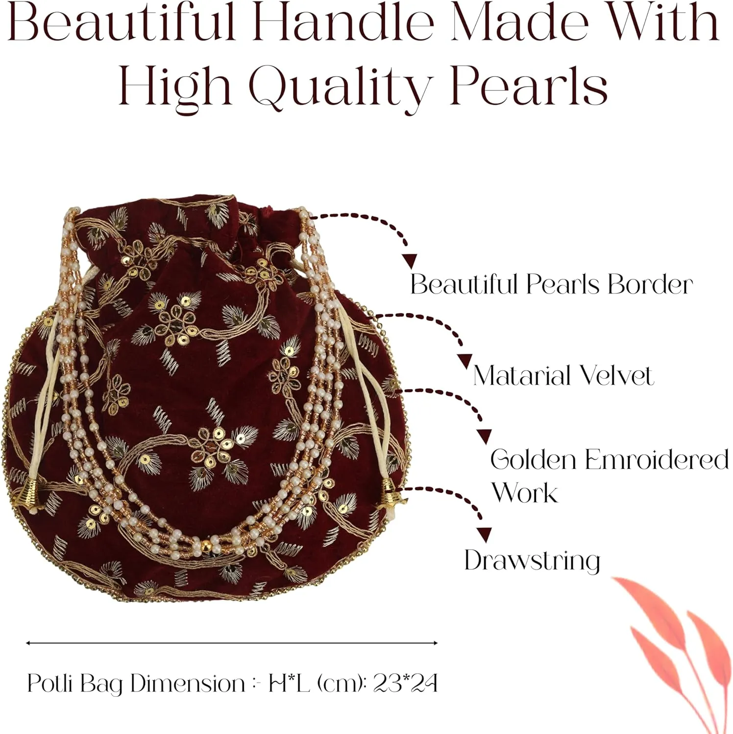 Craft Trade Women's Cotton Embroidered Potli Bag with Drawstring and Pearl Handle Pouch Golden Work Ladies Purse for Bridal