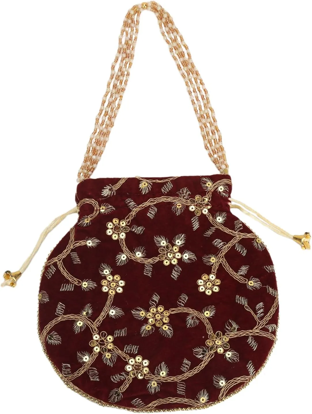 Craft Trade Women's Cotton Embroidered Potli Bag with Drawstring and Pearl Handle Pouch Golden Work Ladies Purse for Bridal