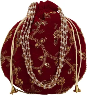 Craft Trade Women's Cotton Embroidered Potli Bag with Drawstring and Pearl Handle Pouch Golden Work Ladies Purse for Bridal