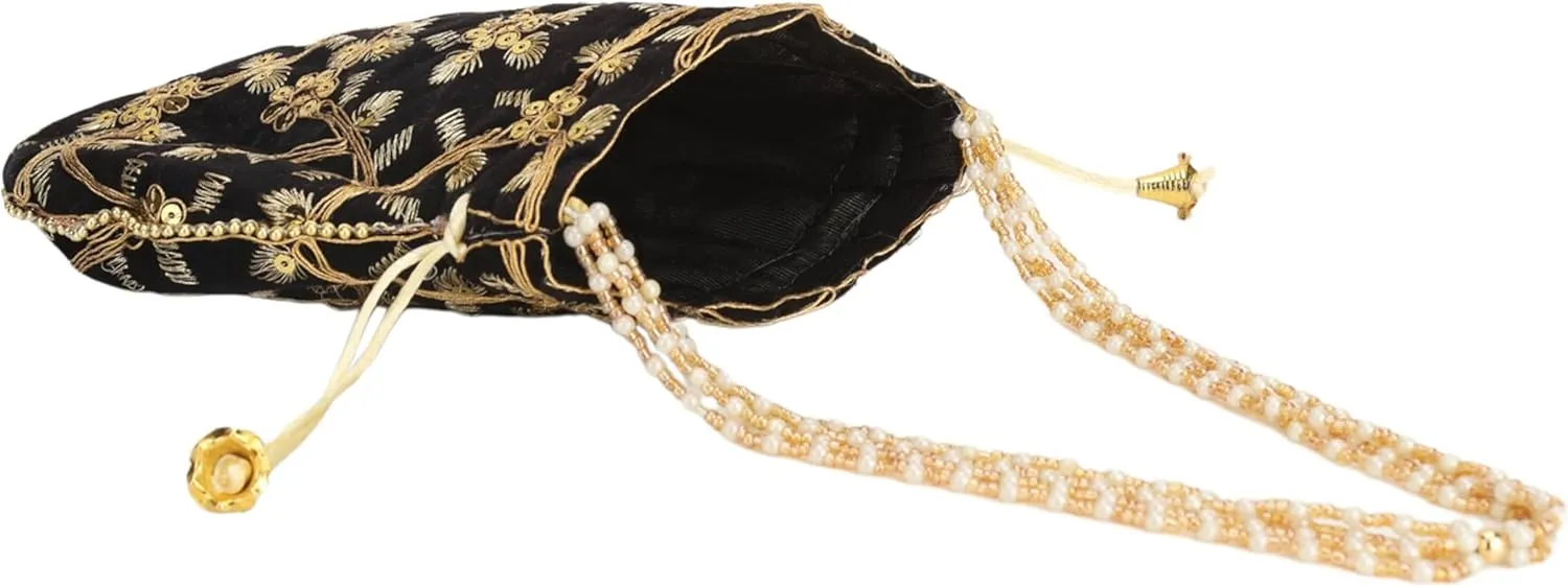 Craft Trade Women's Cotton Embroidered Potli Bag with Drawstring and Pearl Handle Pouch Golden Work Ladies Purse for Bridal