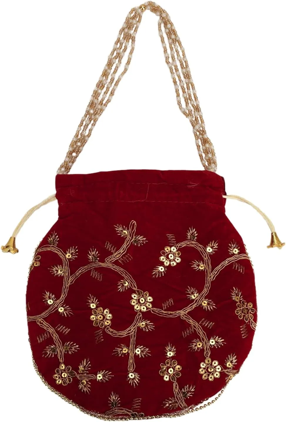 Craft Trade Women's Cotton Embroidered Potli Bag with Drawstring and Pearl Handle Pouch Golden Work Ladies Purse for Bridal