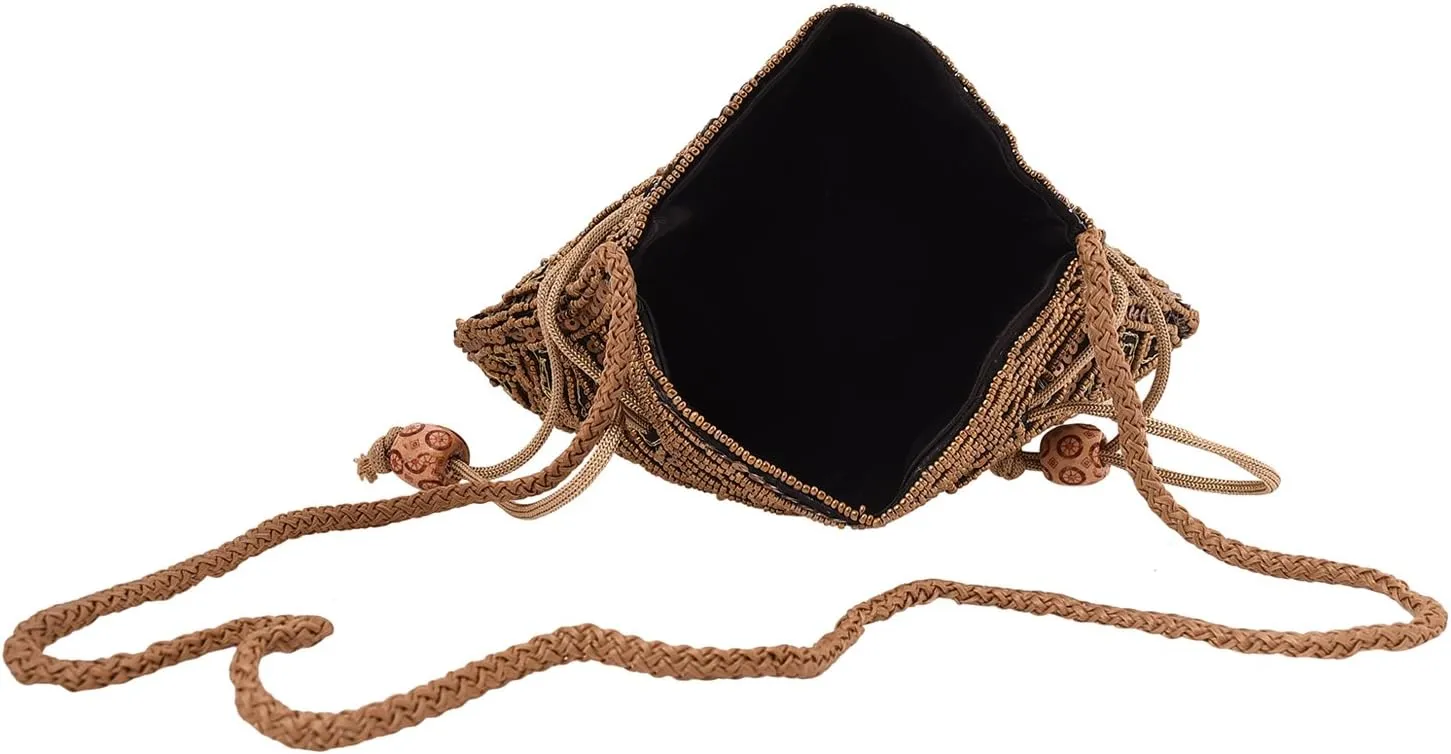 Craft Trade Women's Cotton Embroidered Potli Bag with Drawstring and Pearl Handle Pouch Golden Work Ladies Purse for Bridal