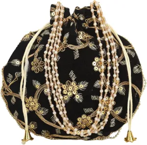 Craft Trade Women's Cotton Embroidered Potli Bag with Drawstring and Pearl Handle Pouch Golden Work Ladies Purse for Bridal
