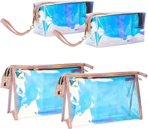 CRASPIRE 4Pcs 2 Styles Holographic Makeup Bag Clear Cosmetic Pouchr Laser Portable TPU Transparent Waterpoof Storage Wash Bag Skinny Glitter Pencil Case for Home Office Purse Diaper