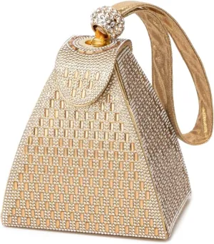 Crystal Pyramid Handbag for Women - Elegant Rhinestones Evening Triangle Handbag for Brides - Made of Premium Vegan & Cruelty-free Leather for Wedding, Proms and Tea Parties - Gold