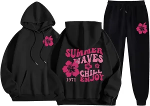 Cute 2 Piece Outfits for Women Teen Girls Preppy Puff Casual Hoodies Pockets Drawstring Pullover Oversized Sweatpants