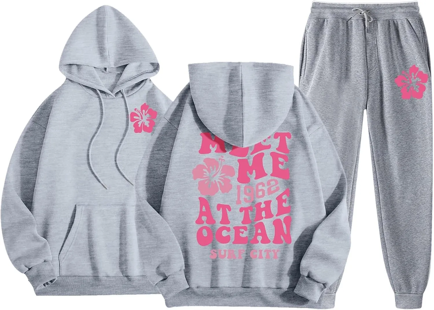 Cute 2 Piece Outfits for Women Teen Girls Preppy Puff Casual Hoodies Pockets Drawstring Pullover Oversized Sweatpants