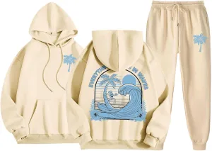 Cute 2 Piece Outfits Women, Teen Girls Preppy Puff Pullover Hoodies Pocket Drawstring Oversized Sweatpant Outfit Sets